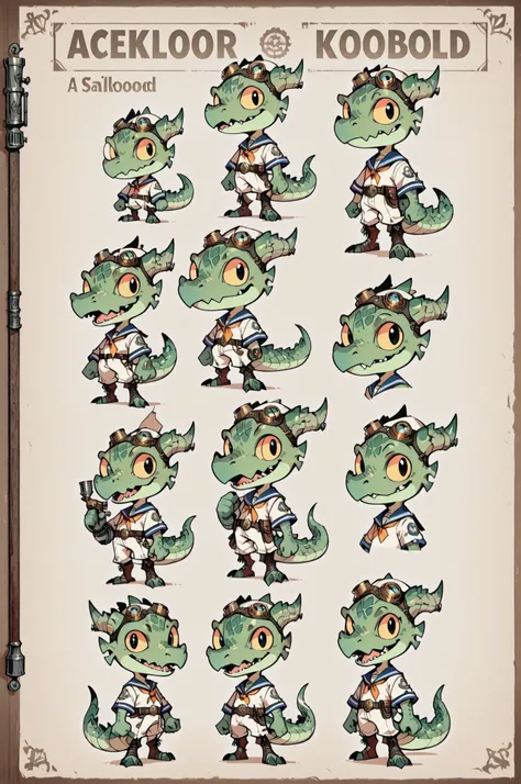 Three( male,green skin, green scales, (((Kobold)), (detailed kobold)) wearing a steampunk tools, a sailor clothes, character design, toon style, chibi