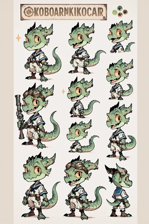 Three( male,green skin, green scales, (((Kobold)), (detailed kobold)) wearing a steampunk tools, a sailor clothes, character design, toon style, chibi