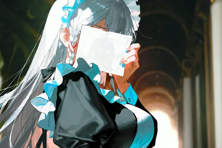 lian:1.3,white hair,(maid dress:white and black),(long hair,braid hair,double braid sidelocks),(one girl:2,solo:2,alone),blush,shy,(big breasts),highres,absurdres,incredibly absurdres,very awa,raw photos,masterpiece,best quality,best quality,amazing qualit...