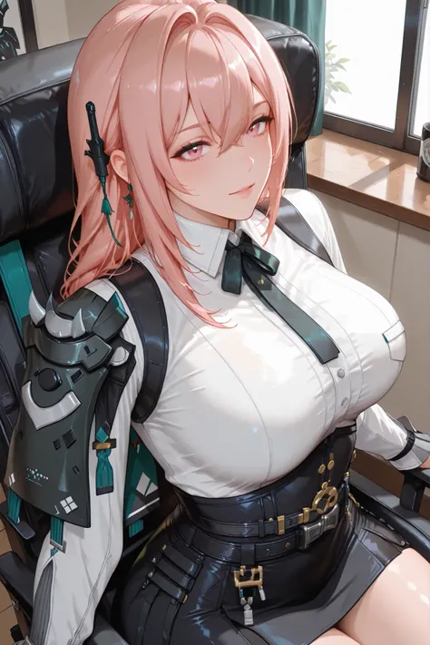 tsukishiro yanagi\(zenless zone zero\),   yanagi on chair big boob swetty tight uniform 
