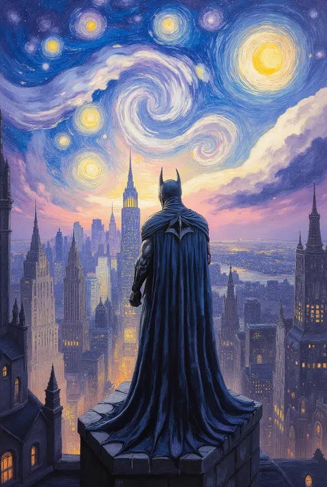 "Create a highly detailed digital painting of Batman standing on a rooftop at dusk, overlooking a gothic city skyline. The art style should mimic Vincent van Gogh's Starry Night, with swirling, textured brushstrokes in the sky and rich, impasto-style textu...