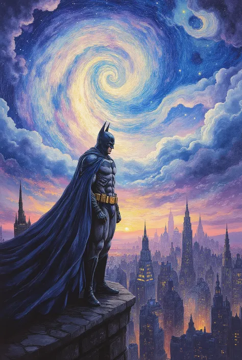 "Create a highly detailed digital painting of Batman standing on a rooftop at dusk, overlooking a gothic city skyline. The art style should mimic Vincent van Gogh's Starry Night, with swirling, textured brushstrokes in the sky and rich, impasto-style textu...