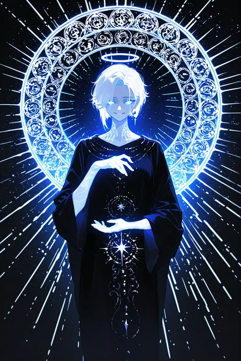 (glowing,xxx667_illu,) The woman is a living star. She has a tall athletic figure. She has white glowing skin. She has white glowing short hair that forms halo rays around her head. She has green glowing eyes. She is wearing a black Greek toga decorated wi...