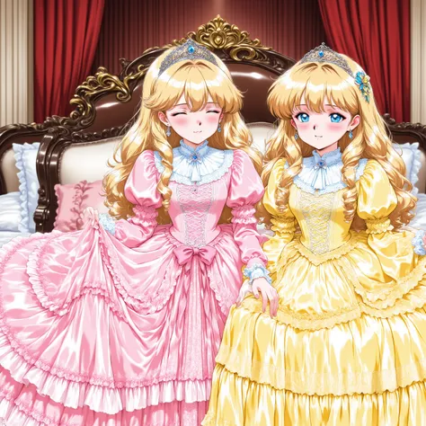 masterpiece, very beautiful, (anime着色, anime), OFFICIAL ART, illustration, 90年代animeスタイル,
1girl, masterpiece, Highest Quality, Ridiculous, OFFICIAL ART, official style, Cute Princess, she's laughing,((colorful silk satin victorian style large ball gown dre...