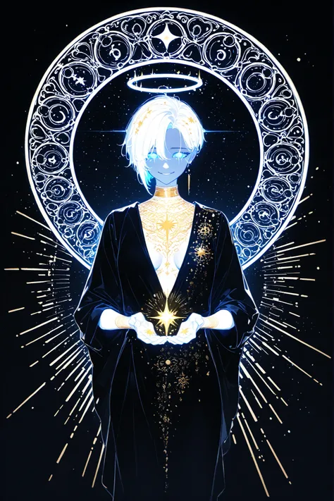 (glowing,xxx667_illu,) The woman is a living star. She has a tall athletic figure. She has white glowing skin. She has white glowing short hair that forms halo rays around her head. She has green glowing eyes. She is wearing a black Greek toga decorated wi...