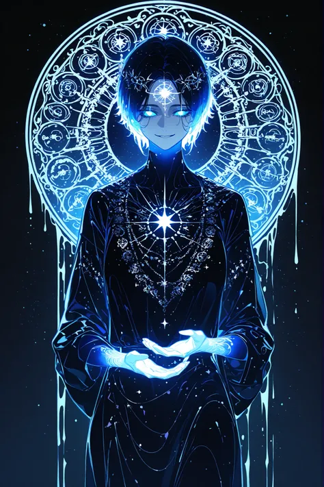 (glowing,xxx667_illu,) The woman is a living star. She has a tall athletic figure. She has white glowing skin. She has white glowing short hair that forms halo rays around her head. She has green glowing eyes. She is wearing a black Greek toga decorated wi...