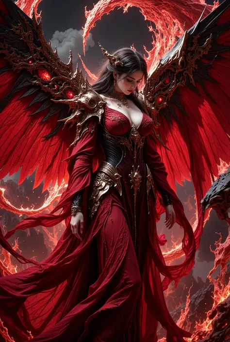 Detailed proportions and textures and multi-color with in the style if dmai that presents a semi-realistic illustration a ornate hyper real of horrific disaster modern gothic style of a otherworldly female fatale with striking, large wings. The wings ar...