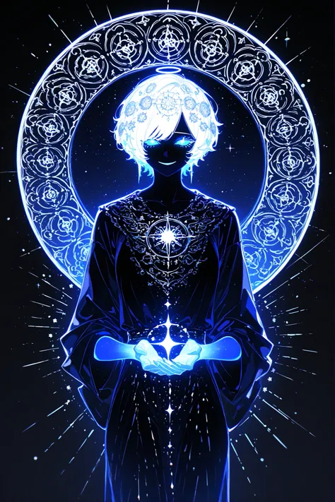 (glowing,xxx667_illu,) The woman is a living star. She has a tall athletic figure. She has white glowing skin. She has white glowing short hair that forms halo rays around her head. She has green glowing eyes. She is wearing a black Greek toga decorated wi...