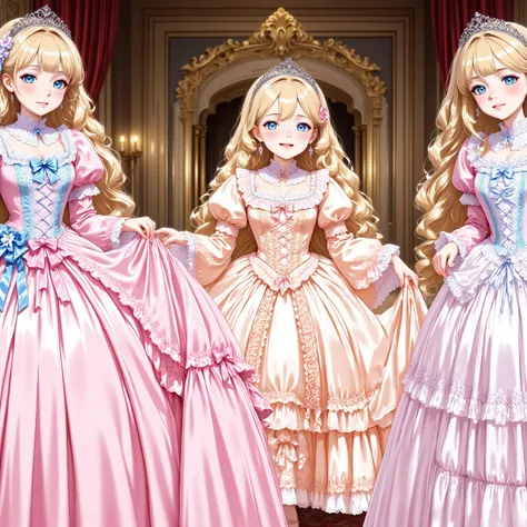 masterpiece, very beautiful, (anime着色, anime), OFFICIAL ART, illustration, 90年代animeスタイル,
1girl, masterpiece, Highest Quality, Ridiculous, OFFICIAL ART, official style, Cute Princess, she's laughing,((colorful silk satin victorian style large ball gown dre...