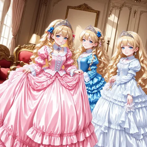masterpiece, very beautiful, (anime着色, anime), OFFICIAL ART, illustration, 90年代animeスタイル,
1girl, masterpiece, Highest Quality, Ridiculous, OFFICIAL ART, official style, Cute Princess, she's laughing,((colorful silk satin victorian style large ball gown dre...