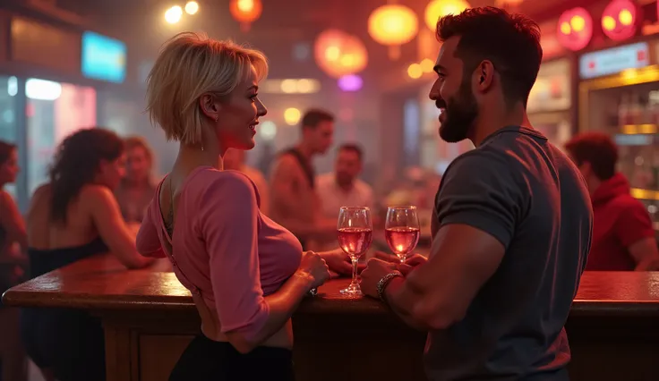 Not very plump woman, size M, 45 years old, (sexy, nice hips and buttocks, nice pear-shaped figure, nice full size A breasts, short mini-pixie haircut is well styled, short bangs swept to the side: 1.3), light blond hair. Rectangular face, grey-green eyes,...