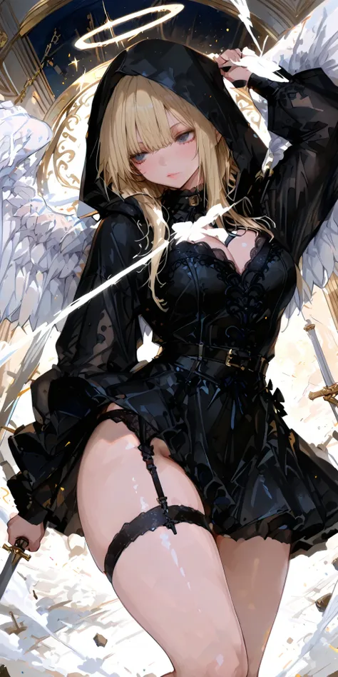 angel,garter belt,sexy,skirt,black dress,womanhood,1girl,,Action,dynamic,masterpiece,Highest Quality,Great Quality,very beautiful,Newest,