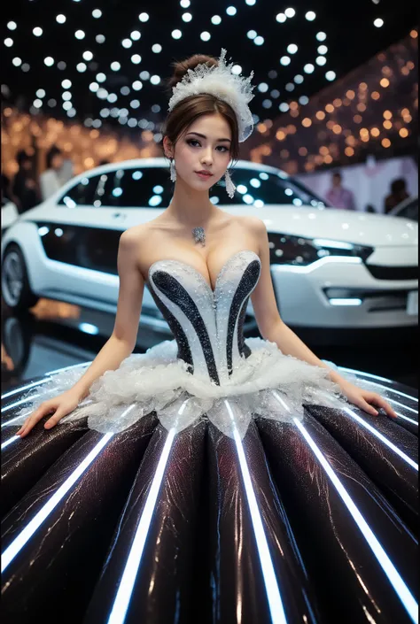 A cute japanese idol girls white-skinned, blue-eyed, thin lips, shadow eye, eyelashes, Gigantic fake boobs, Breast Press, asian girls in a strapless dress sitting in space, UHD, luxurious mechanism dress, ornate dress, shiny dress, sparkling dress, glossy ...