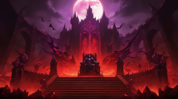 a close up of a castle with a giant red moon in the background, decadent throne room, official splash art, castlevania inspired, world of warcraft art style, blood moon background, complete darkness background, background artwork, castlevania, demonic shri...