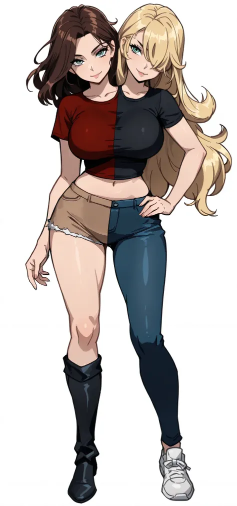 (masterpiece) , (ultra-detailed) , (high quality) , (high resolution) , (best quality:1 . 5 , highres , UHD) , highres , absurdo , ultra detail , ultra quality , Ultra resolution , 16k , 1girl ,, ((2heads:1 . 5)) , ((brown hair)) , ((blonde hair)) , (diffe...