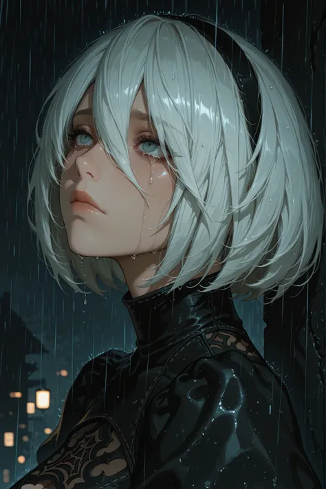 masterpiece, best quality, amazing quality, hyper-detailed, from side, 1girl, 2b \(nier:automata\), portrait, crying with open eyes, closed mouth, rain, diffused lighting, depth of field, chiaroacuro, darkness, night, soft shadows, absurdres, highres