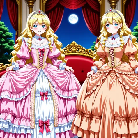 masterpiece, very beautiful, (anime着色, anime), OFFICIAL ART, illustration, 90年代animeスタイル,
1girl, masterpiece, Highest Quality, Ridiculous, OFFICIAL ART, official style, Cute Princess, she's laughing,((colorful silk satin victorian style large ball gown dre...