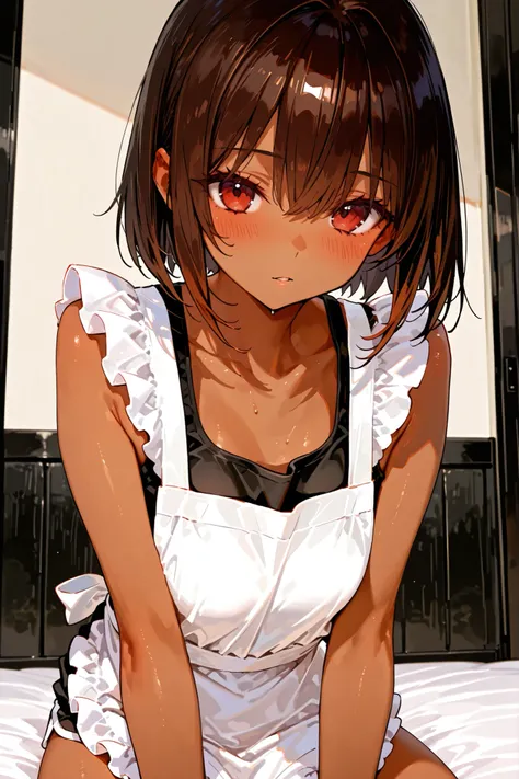 Brown skin。Petite。solo。Maru。black tank top with apron。Before Bed