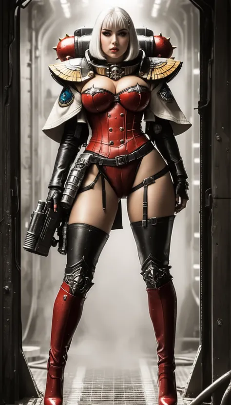 Important (military uniform, bloodborn coat, detective, warhammer 40 000 theme, battle sister, space marine armor, very wide hips, thicc lower body, big breast):
Scene (space ship corridor):
Character Face ( focused, red chicks, glowing pupils, make up, au...