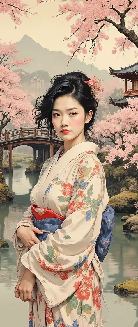 Quiet Japanese garden、Woman in a Hakama 、sparkling detailed black eyes、 dark hair、long hair、moist lips、cherry blossoms in full bloom、Pedestrian bridge、Pagoda、Ukiyo-e style、Hokusai inspiration、8k、complicated and detailed、pastel color schemes、Golden Hour、pea...