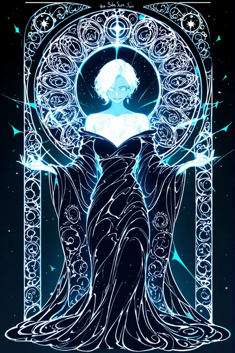 (glowing,xxx667_illu,ArsMJStyle, art nouveau,) The woman is a living star. She has a tall athletic figure. She has white glowing skin. She has white glowing short hair that forms halo rays around her head. She has green glowing eyes. She is wearing a black...