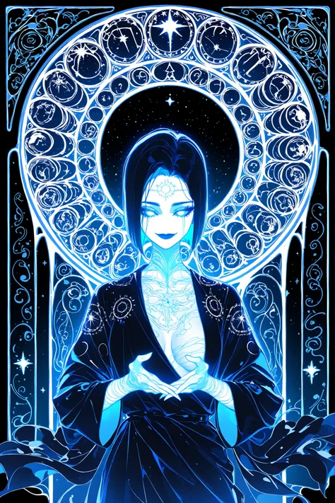 (glowing,xxx667_illu,ArsMJStyle, art nouveau,) The woman is a living star. She has a tall athletic figure. She has white glowing skin. She has white glowing short hair that forms halo rays around her head. She has green glowing eyes. She is wearing a black...