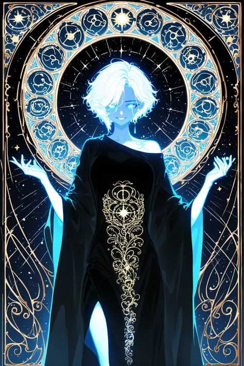(glowing,xxx667_illu,ArsMJStyle, art nouveau,) The woman is a living star. She has a tall athletic figure. She has white glowing skin. She has white glowing short hair that forms halo rays around her head. She has green glowing eyes. She is wearing a black...