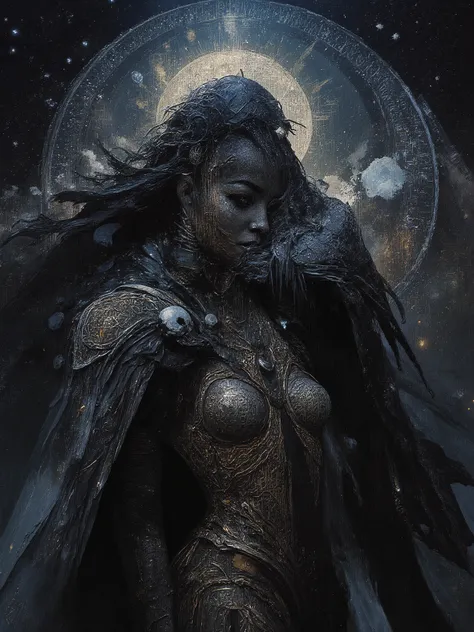 Award winning expressionist dark fantasy art of a beautiful powerful female goddess of the moon, epic pose, onyx colored hair, ultra detailed, lots of details, HDR, luxury holographic dark silver corset dress, cloak, complex patterns, ancient calligraphy, ...
