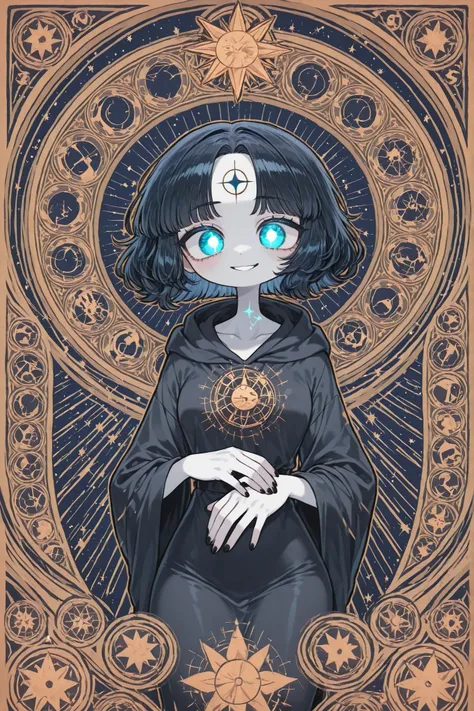 (edanoma_meu_illu,)The woman is a living star. She has a tall athletic figure. She has white glowing skin. She has white glowing short hair that forms halo rays around her head. She has green glowing eyes. She is wearing a black Greek toga decorated with g...