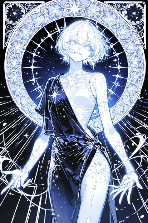 (ma1ma1helmes_b_illu,sketch,) The woman is a living star. She has a tall athletic figure. She has white glowing skin. She has white glowing short hair that forms halo rays around her head. She has green glowing eyes. She is wearing a black Greek toga decor...