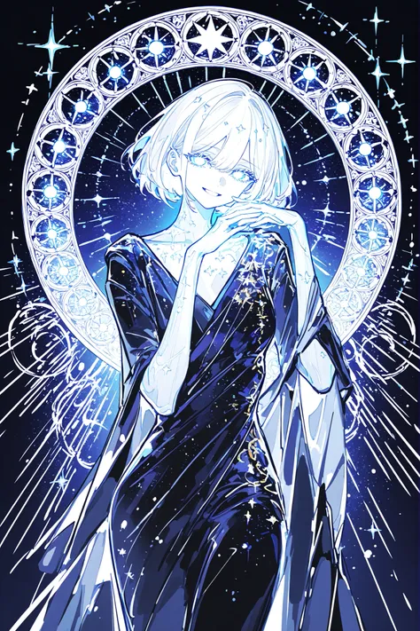 (ma1ma1helmes_b_illu,sketch,) The woman is a living star. She has a tall athletic figure. She has white glowing skin. She has white glowing short hair that forms halo rays around her head. She has green glowing eyes. She is wearing a black Greek toga decor...