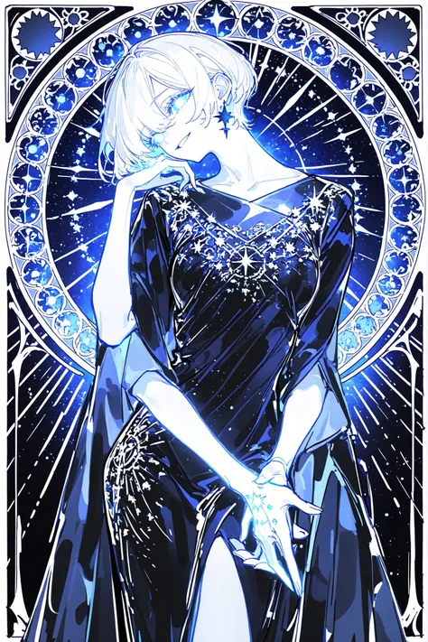 (ma1ma1helmes_b_illu,sketch,) The woman is a living star. She has a tall athletic figure. She has white glowing skin. She has white glowing short hair that forms halo rays around her head. She has green glowing eyes. She is wearing a black Greek toga decor...