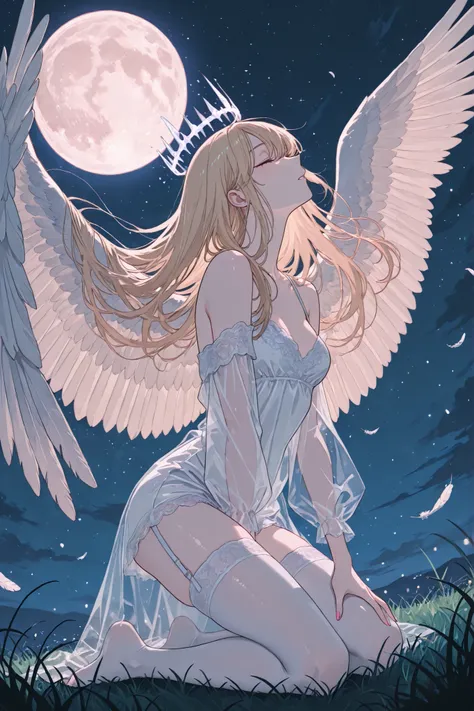 (masterpiece, best quality, ultra-detailed, Anime style, illustration, fantasy art) sight below, Outside: half-sideways, one leg put forward (Knee-bent), 1 blonde , angel wings , hair develops in the wind, closed eyes, long lashes, Glass retina, light g...