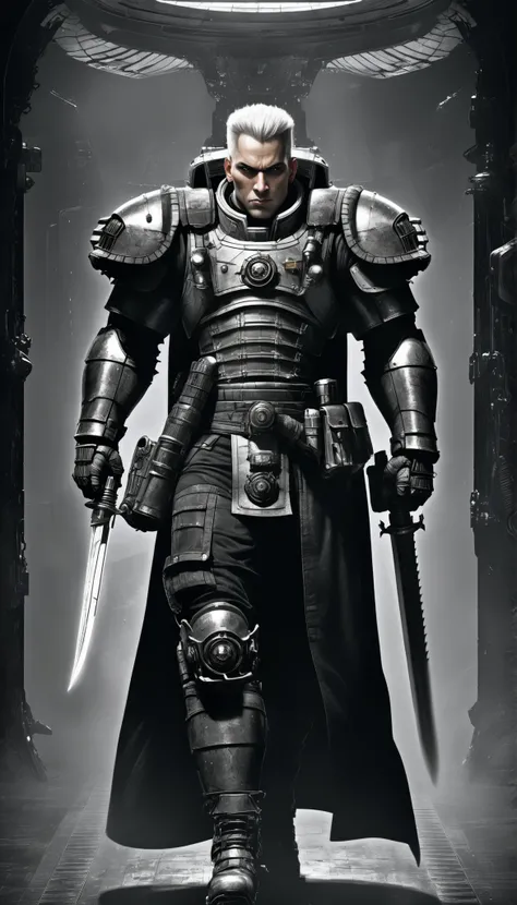 Important (noble with mechanical sword, general, warhammer 40 000 theme, armor, muscular):
Scene (space ship corridor):
Character Face (focused, wrinkles):
Character Body (thicc, muscular and fat,big belly,  oiled skin, sweat skin, neon glowing electric co...