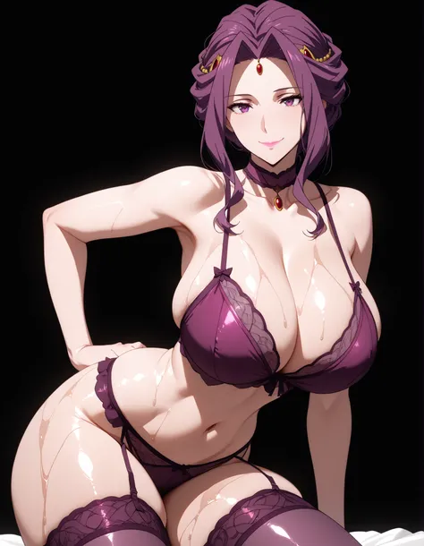 score_9, masterpiece, top quality, vibrant, Very Aesthetic, High Contrast , Semi-realistic, , natural light, 1 girl, mature, solo, QueenMirellia, mirelia q melromarc, 
purple hair,
purple eyes,
tied hair, pink lipstick, huge breasts, simple background,nave...