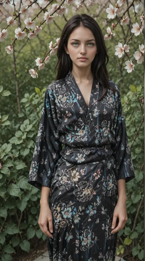 Floral, Floral pattern ,score_9_up, score_8_up, score_7_up, score_6_up, realostic, 1girl, staring ahead, looking at viewer, highly detailed, beautiful background, beautiful art, beautiful lighting, long slim legs, fashion model, zal, (SuperQuality:1.0), lo...