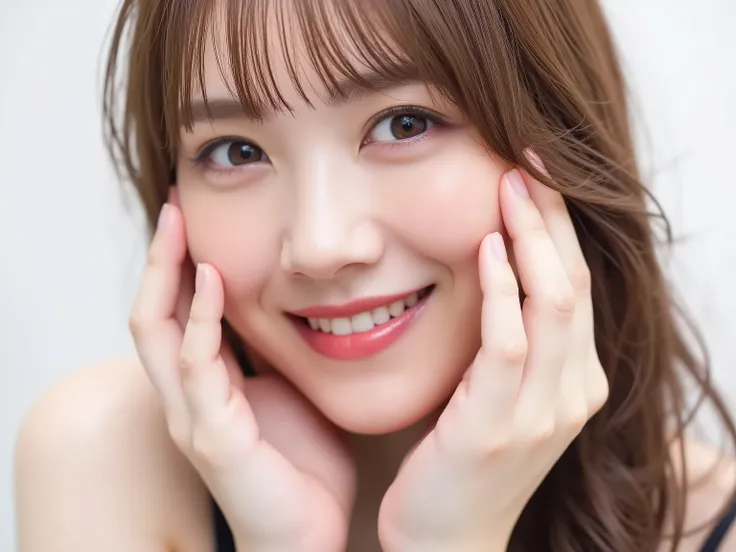 (Refined from an old photo, recreated in a modern, ultra high-quality photorealistic style, with a trendy Reiwa-era hairstyle: soft semi-long hair with natural waves and airy see-through bangs),
Ultra photorealistic close-up portrait of a beautiful Japane...