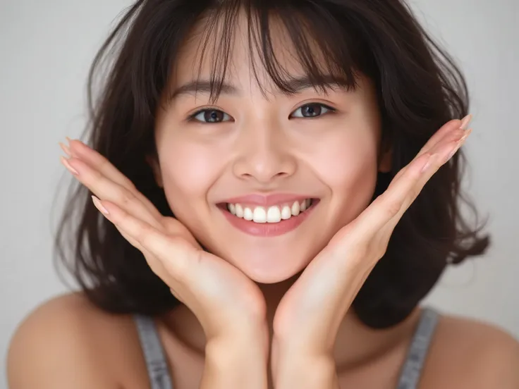 (Refined from an old photo, recreated in a modern, ultra high-quality photorealistic style, with a trendy Reiwa-era hairstyle: soft semi-long hair with natural waves and airy see-through bangs), 
Ultra photorealistic close-up portrait of a beautiful Japane...