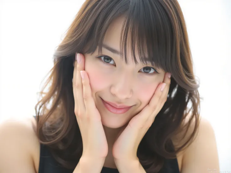 (Refined from an old photo, recreated in a modern, ultra high-quality photorealistic style, with a trendy Reiwa-era hairstyle: soft semi-long hair with natural waves and airy see-through bangs),
Ultra photorealistic close-up portrait of a beautiful Japane...