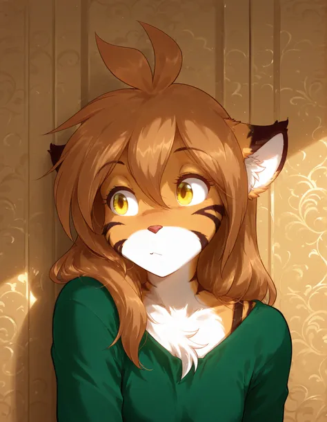 nyalia,, furry, solo, flora-twokinds, flora_twokinds,, tiger, striped fur, keidran, yellow eyes, anthro,, green shirt