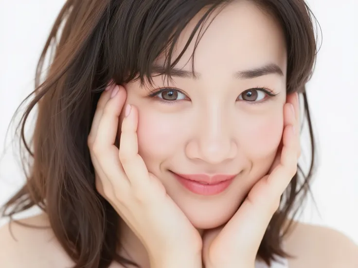 (Refined from an old photo, recreated in a modern, ultra high-quality photorealistic style, with a trendy Reiwa-era hairstyle: soft semi-long hair with natural waves and airy see-through bangs), 
Ultra photorealistic close-up portrait of a beautiful Japane...