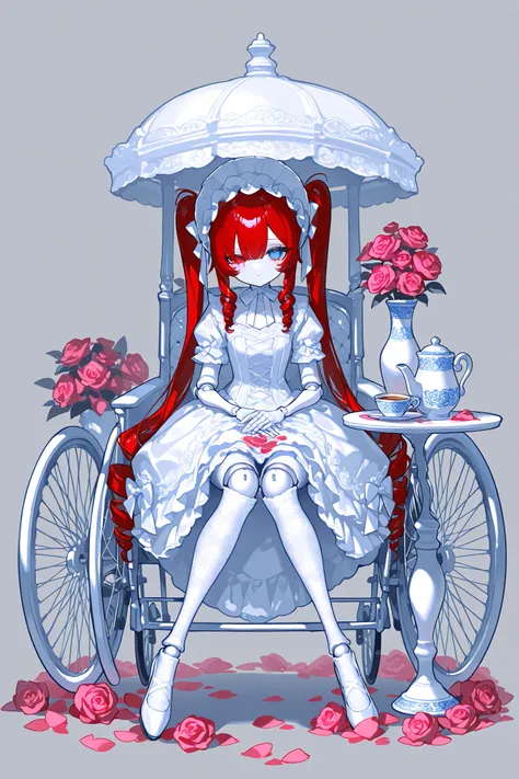 (xxx667_illu,doll joints,) Alive doll-girl, petite vintage cute porcelain articulated doll. Her body is made of white porcelain and joints of her limbs are doll-like hinges. There's a crack marks on her porcelain face. She has scarlet red kinky hair is st...