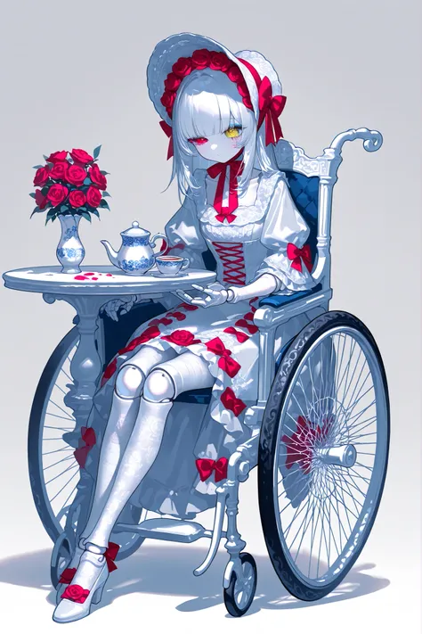 (xxx667_illu,doll joints,) Alive doll-girl, petite vintage cute porcelain articulated doll. Her body is made of white porcelain and joints of her limbs are doll-like hinges. There's a crack marks on her porcelain face. She has scarlet red ringlet hairstyl...