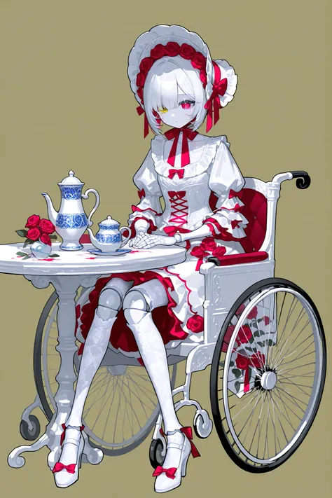 (xxx667_illu,doll joints,) Alive doll-girl, petite vintage cute porcelain articulated doll. Her body is made of white porcelain and joints of her limbs are doll-like hinges. There's a crack marks on her porcelain face. She has scarlet red ringlet hairstyl...