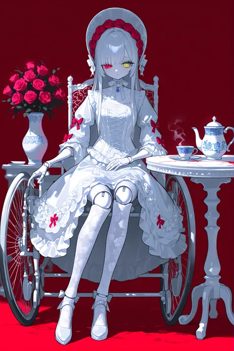 (xxx667_illu,doll joints,) Alive doll-girl, petite vintage cute porcelain articulated doll. Her body is made of white porcelain and joints of her limbs are doll-like hinges. There's a crack marks on her porcelain face. She has scarlet red ringlet hairstyl...