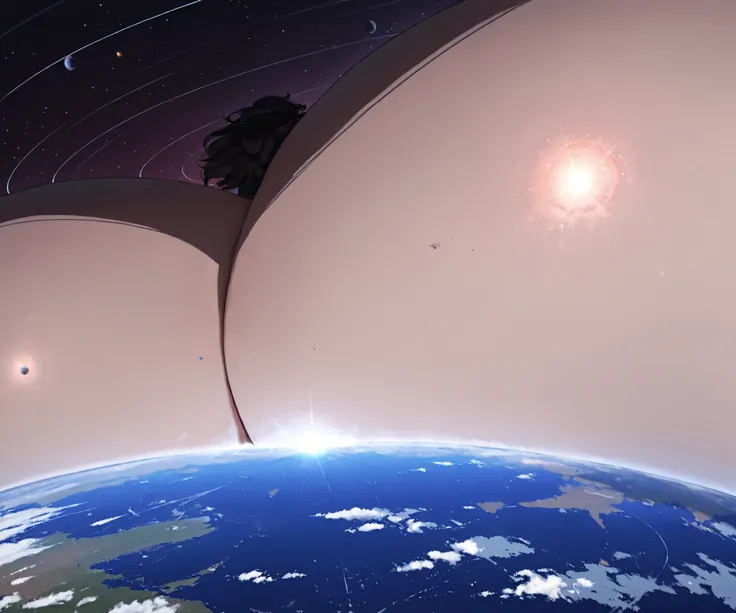  masterpiece, best quality, a giantess sitting on the planet, hyper ass, extremely wide and round ass, macro giantess, blotting out the sun, low angle, 8k, Super Detailed, perfect anatomy, extreme hyper, planetary hyper