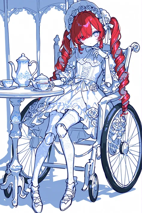 (ma1ma1helmes_b_illu,sketch,doll joints,) Alive doll-girl, petite vintage cute porcelain articulated doll. Her body is made of white porcelain and joints of her limbs are doll-like hinges. There's a crack marks on her porcelain face. She has scarlet red k...