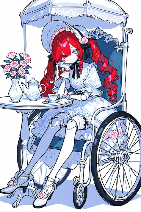 (ma1ma1helmes_b_illu,sketch,doll joints,) Alive doll-girl, petite vintage cute porcelain articulated doll. Her body is made of white porcelain and joints of her limbs are doll-like hinges. There's a crack marks on her porcelain face. She has scarlet red k...