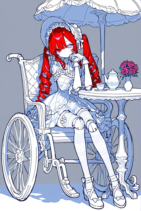 (ma1ma1helmes_b_illu,sketch,doll joints,) Alive doll-girl, petite vintage cute porcelain articulated doll. Her body is made of white porcelain and joints of her limbs are doll-like hinges. There's a crack marks on her porcelain face. She has scarlet red k...