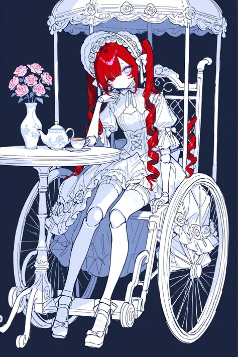 (ma1ma1helmes_b_illu,sketch,doll joints,) Alive doll-girl, petite vintage cute porcelain articulated doll. Her body is made of white porcelain and joints of her limbs are doll-like hinges. There's a crack marks on her porcelain face. She has scarlet red k...